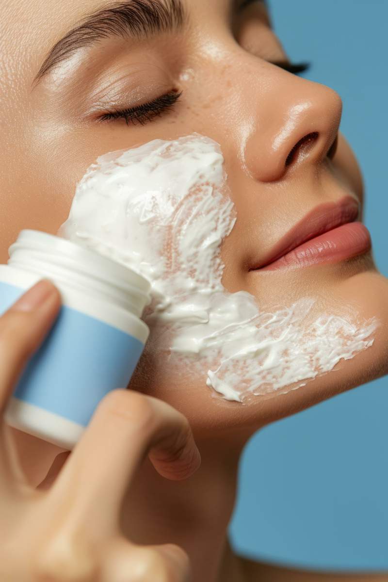 Closeup Of A Young Woman Applying White Cream On Her Face
