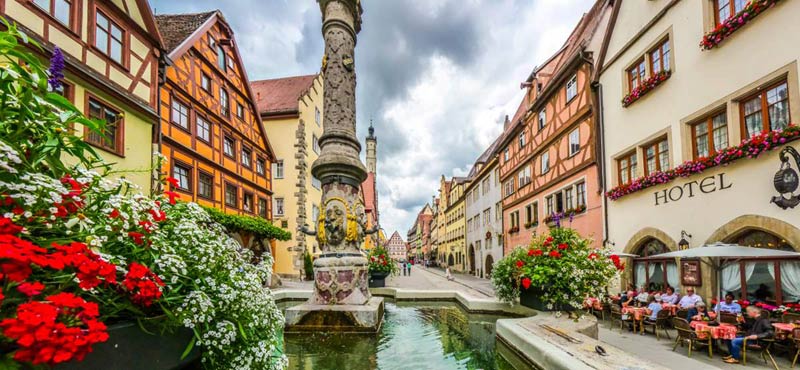 Beautiful View Of The Historic Town Of Rothenburg Ob Der Tauber With Fountain Franconia Bavaria Germany