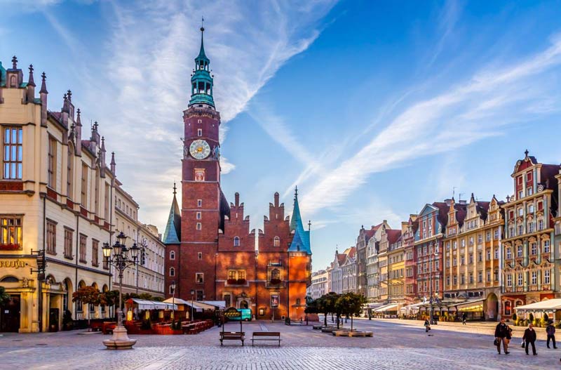 Market Square With Town Hall In Wroclaw Poland Early In The Morning. Colorful Cities Concept.