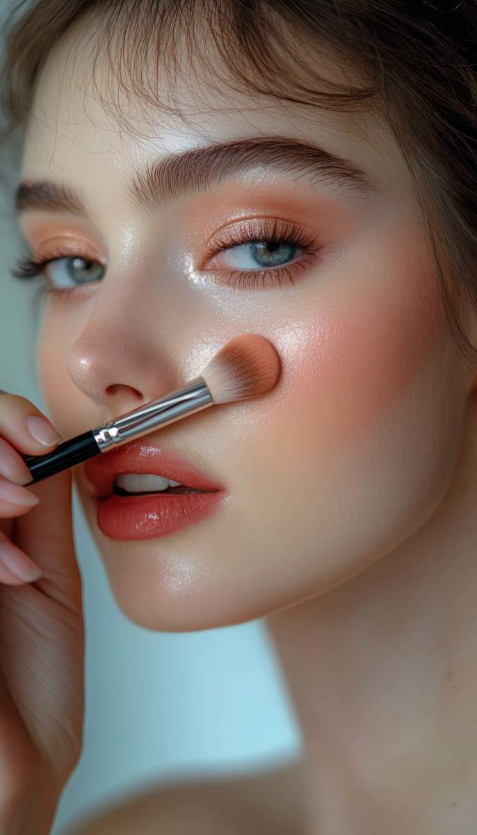 Makeup Artist Applying Blush On Model S Cheeks During Beauty Tra