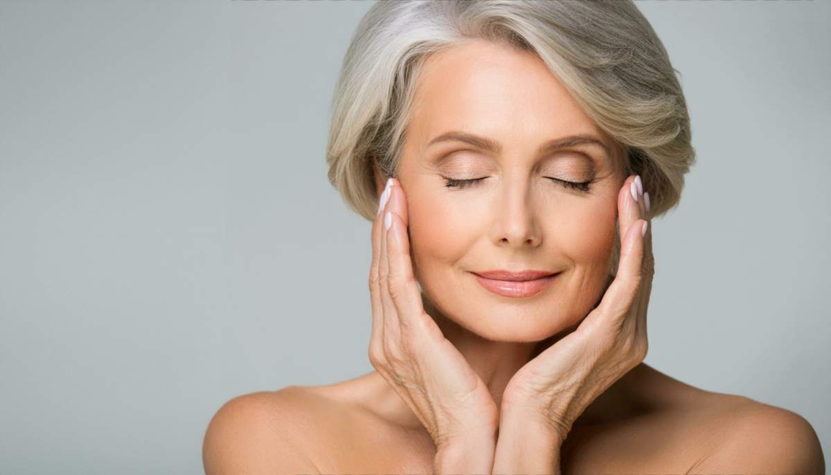 Gorgeous Senior Older Woman With Closed Eyes Touching Her Perfect Face Skin, Beautiful Portrait Mid 50s Aged Woman, Facial Antiage Lift Skin Care Products, Isolated On Light Grey Background
