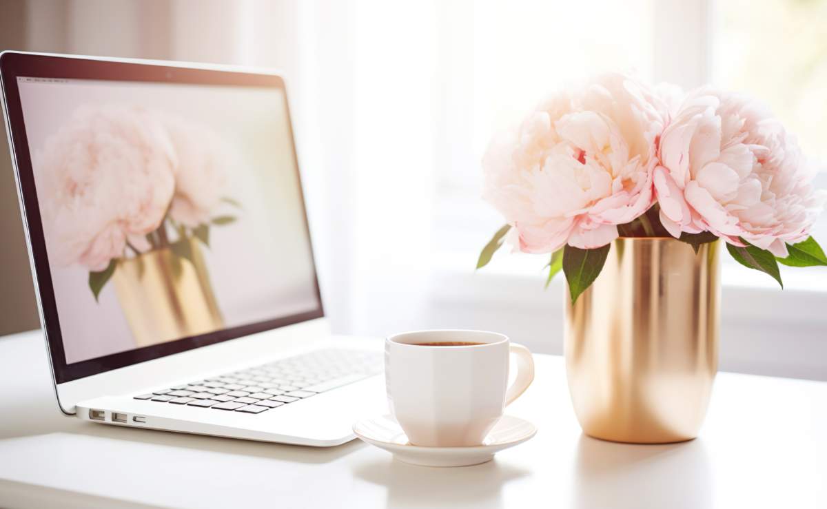 Stylish Pink Peony Workspace. A Feminine Workspace With Pink Peonies, A Coffee Mug, And A Laptop, Exuding Style And Elegance.