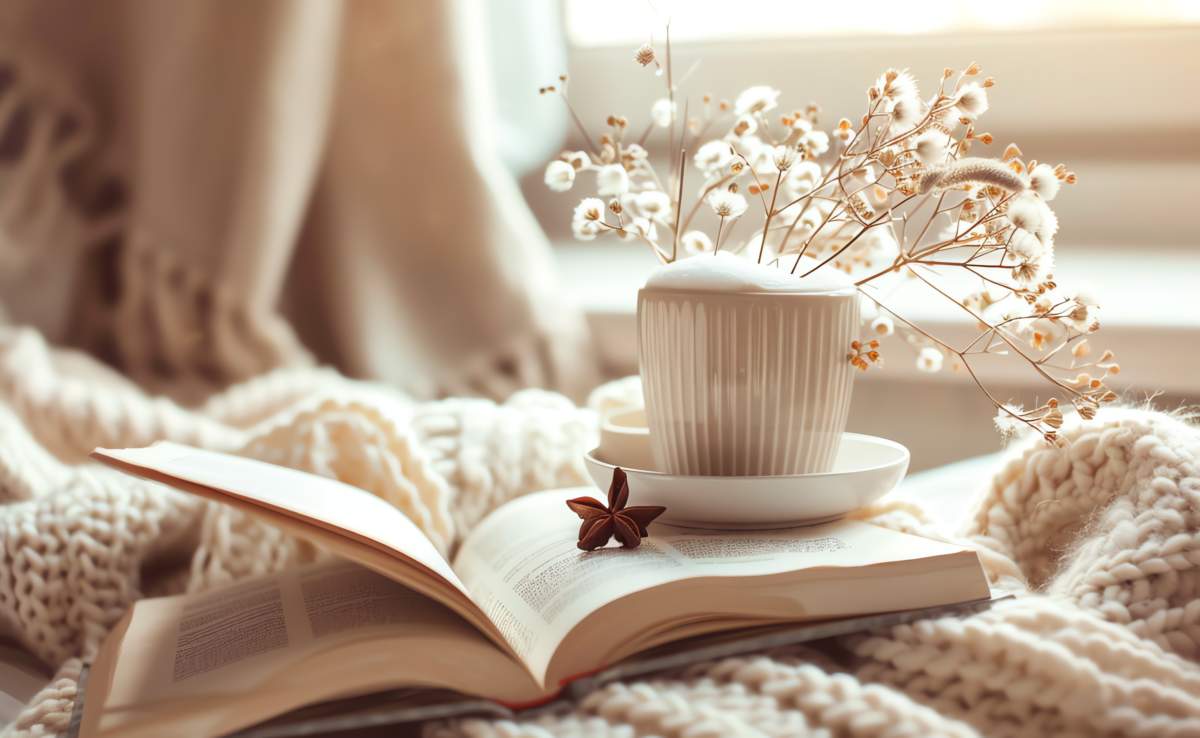 Closeup Of A Cup Of Coffee, A Book, And A Vase Of White Flowers On A Soft Blanket.
