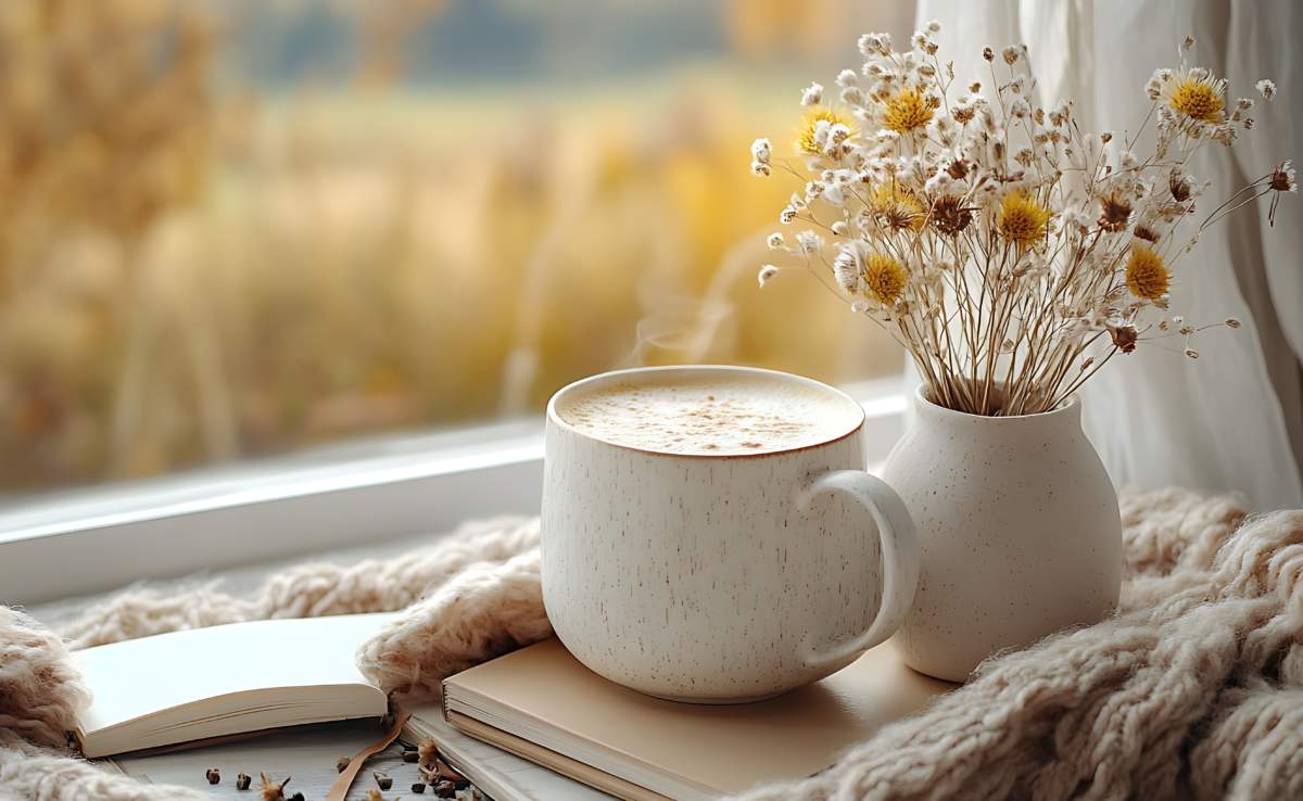 A Cup Of Coffee With A Cozy Autumn Setting Of Dried Flowers, A Book, And A Blanket On A Windowsill.