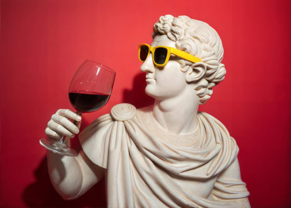 Plaster Statue Of Greek God Wearing Yellow Sunglasses And Holding Glass Of Red Wine