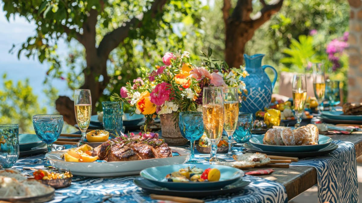 Lively Greek Easter Celebration With Festive Table Setting And Delicious Dishes
