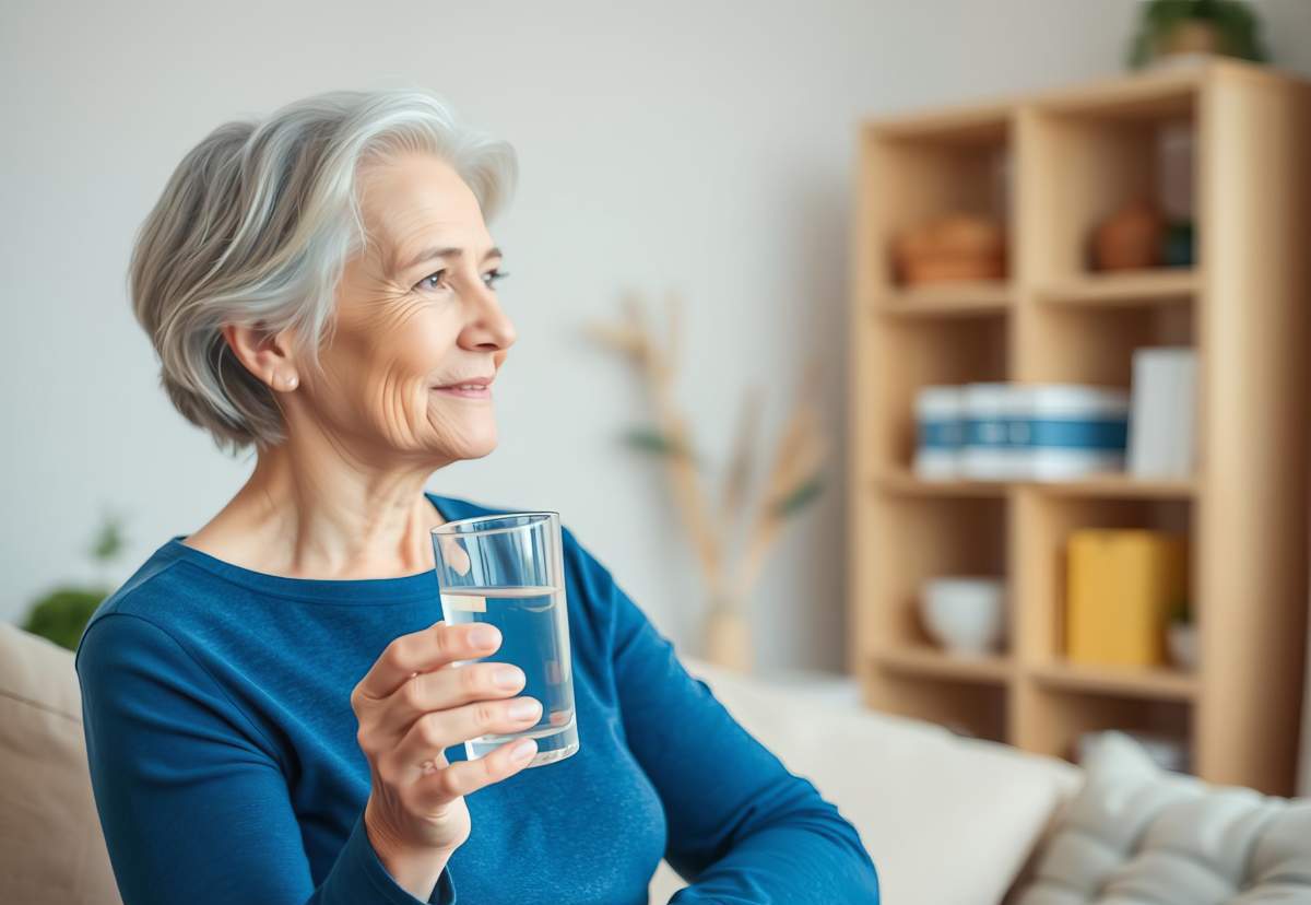 Middle Aged Woman Standing At Home, Holding A Pill And A Glass Of Water As She Prepares To Take Her Daily Vitamin Supplement For Health And Wellness, Woman, Treatment Concept