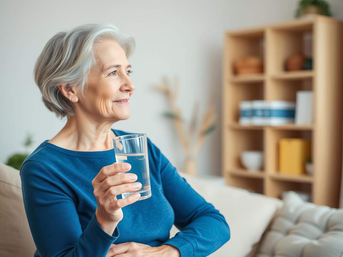 Middle Aged Woman Standing At Home, Holding A Pill And A Glass Of Water As She Prepares To Take Her Daily Vitamin Supplement For Health And Wellness, Woman, Treatment Concept