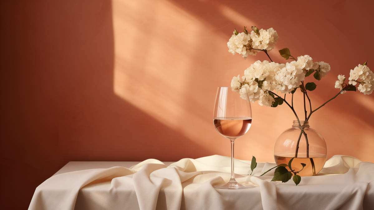 Beautiful Composition With Glass Of Wine And Bouquet Of Flowers In Vase