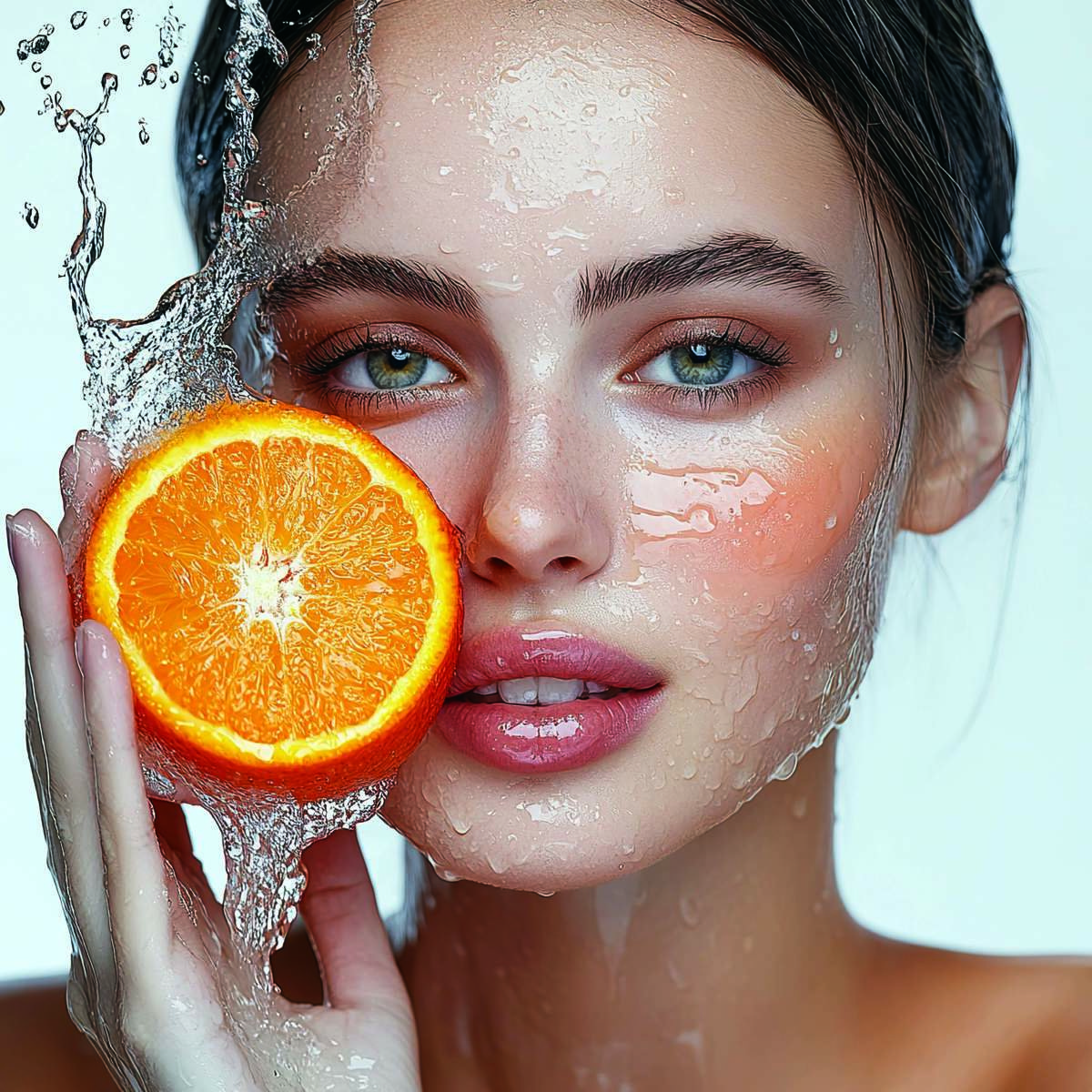 Close Up Of A Woman's Face Holding An Orange And Applying It On