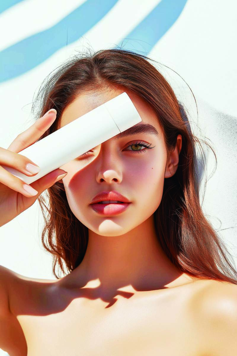 Skincare Cosmetic Beauty Mock Up, Beautiful Woman With Hydrated Skin Face Holding Sun Screen Product