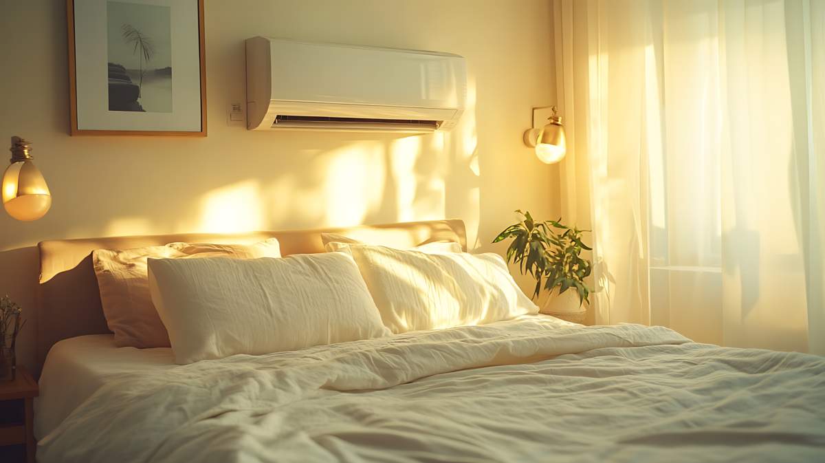 Cozy Bedroom Interior With Air Conditioner And Morning Sunlight