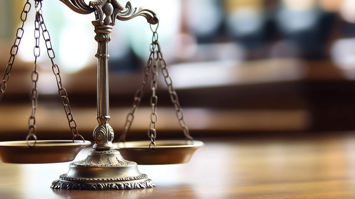 Elegant Bronze Scales Of Justice Shining In A Courtroom Setting Conveying Law And Order Concepts : Generative Ai