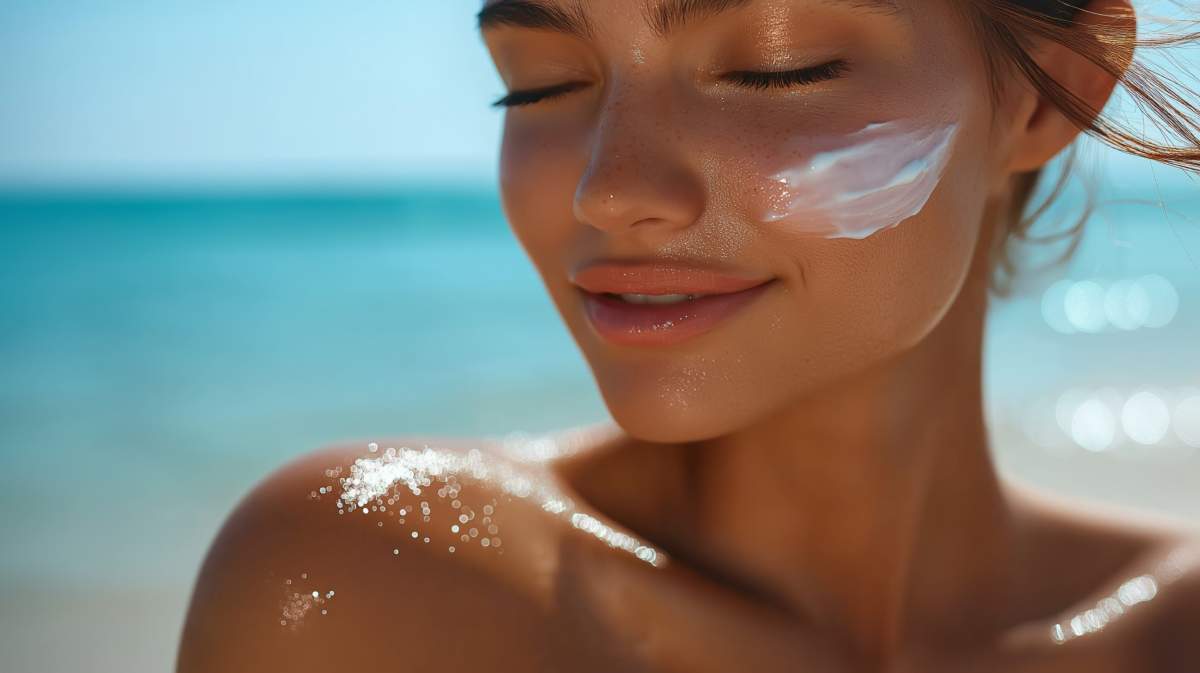 Eyes Closed And Smiling, Woman With Glowing Skin And Sunscreen Sparkles Under Bright Seaside Sun