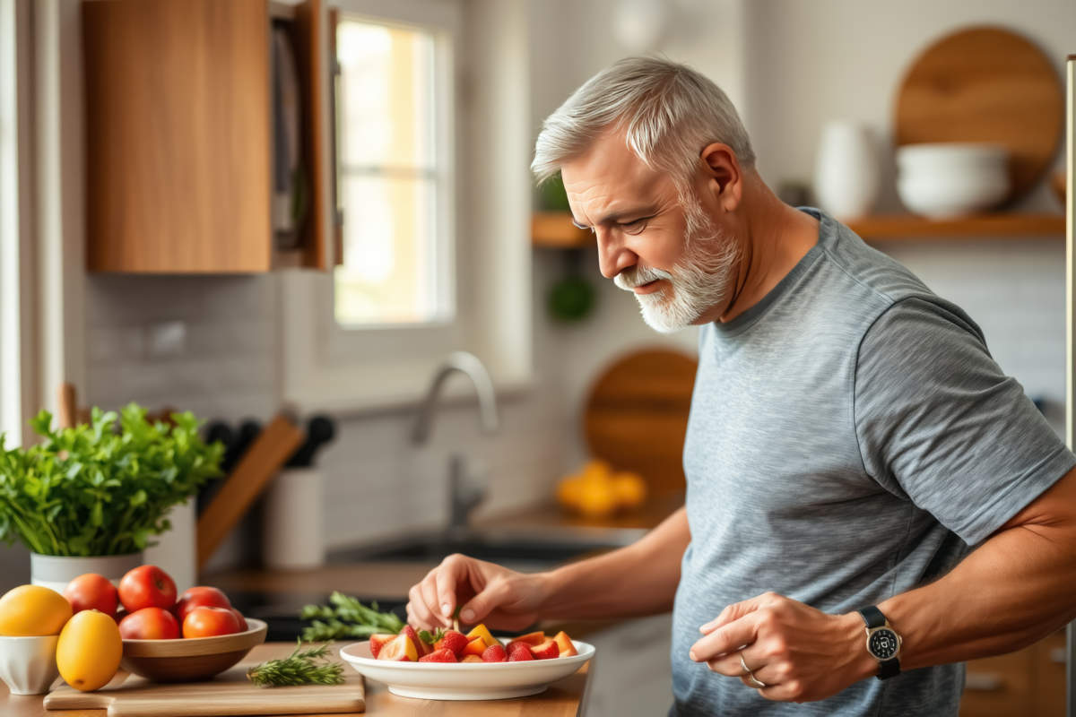 Kitchen Food Man Healthy Morning Mature Breakfast Active Fitness Diet Home Healthy Senior Adult Lifestyle Fruit Sport Fit Health Eating Preparation Nutrition Middle Aged