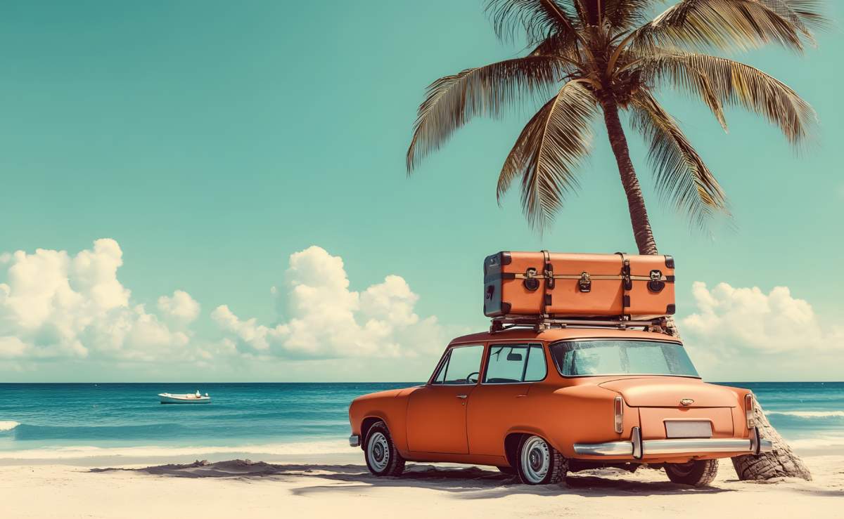 Vintage Car, Luggage, Tropical Beach, Vacation