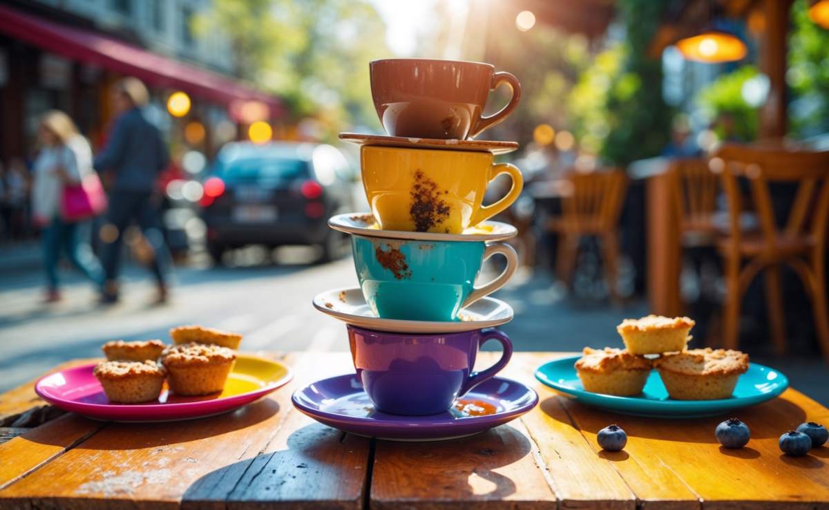 Stacked Colorful Coffee Cups On A Table With Pastries In A Lively Outdoor Café Setting