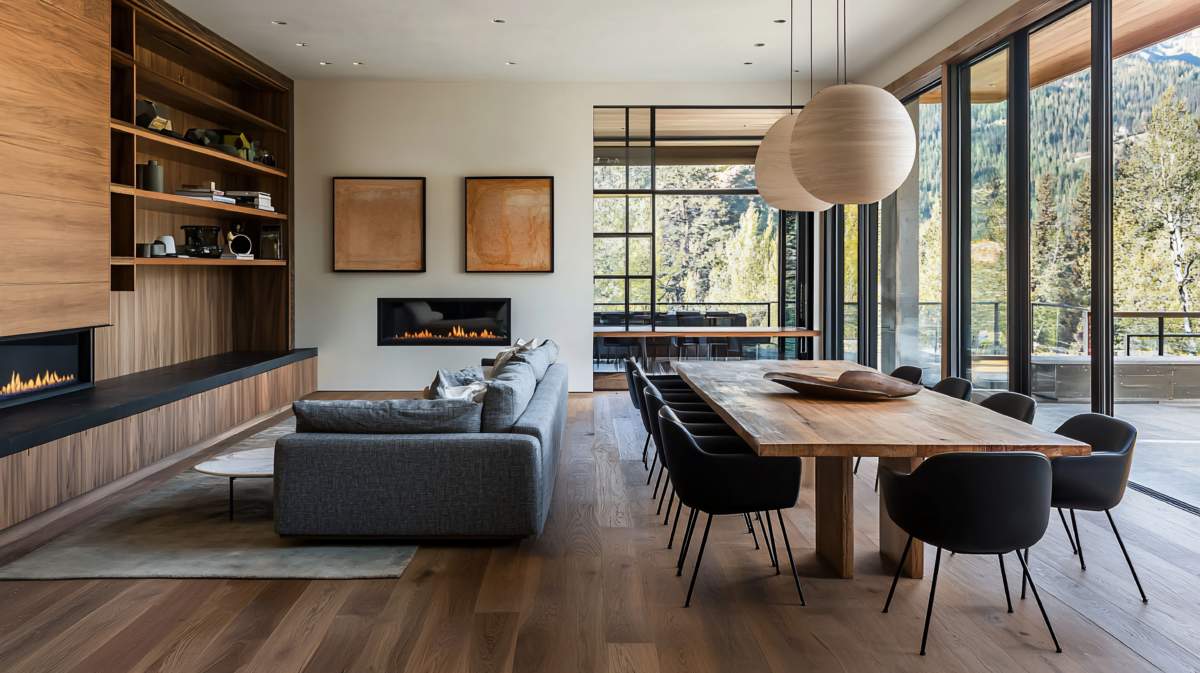 Modern Living Room With Large Windows, Fireplace, Wooden Dining Table, And Built In Shelving.