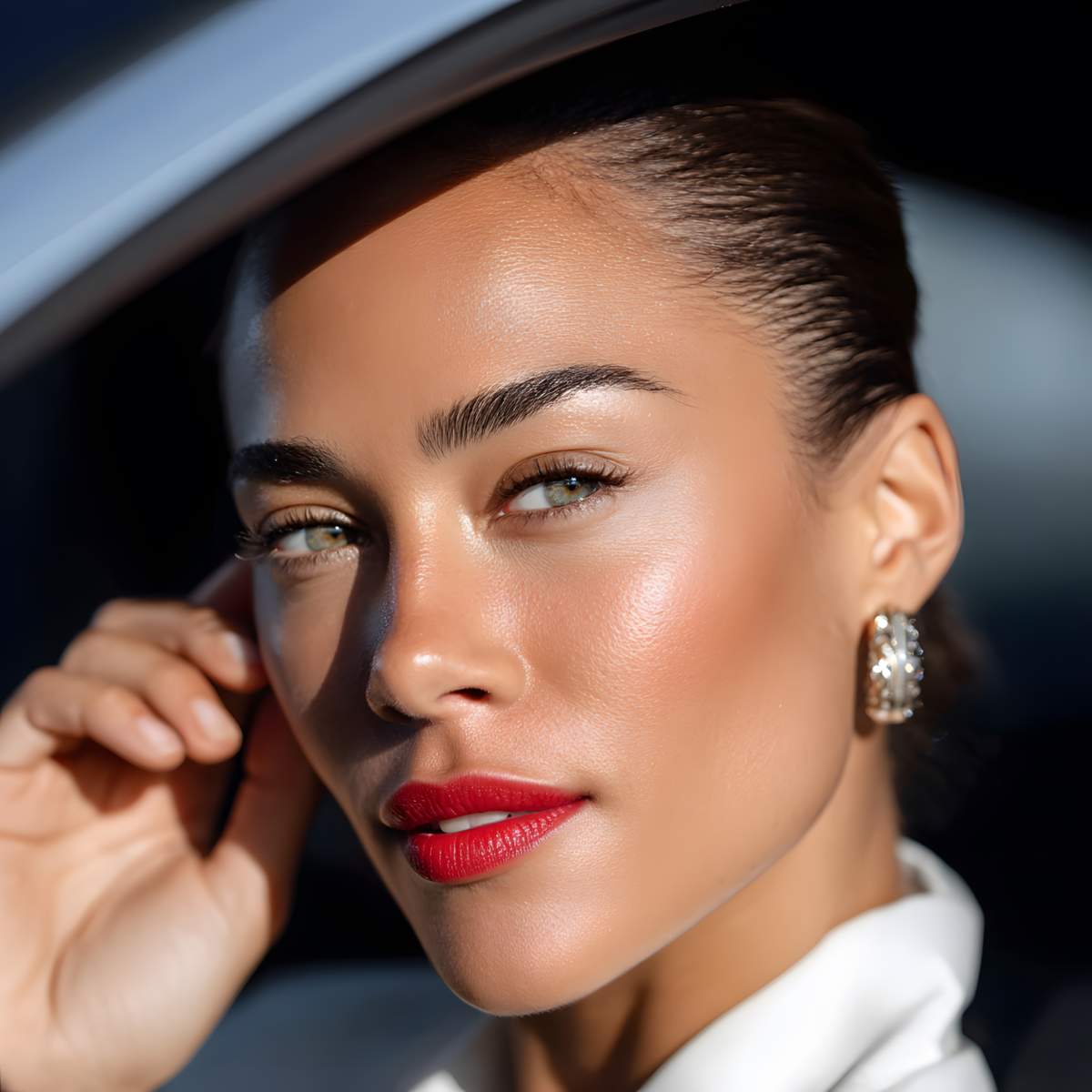 Close Up Of A Woman With Sun Kissed Skin, Red Lips, And Stylish Earrings Inside A Car
