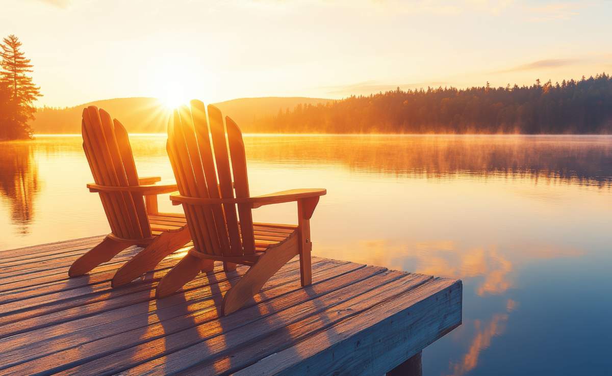 Two Wooden Chairs Overlooking A Tranquil Lake At Sunrise In A Serene Setting