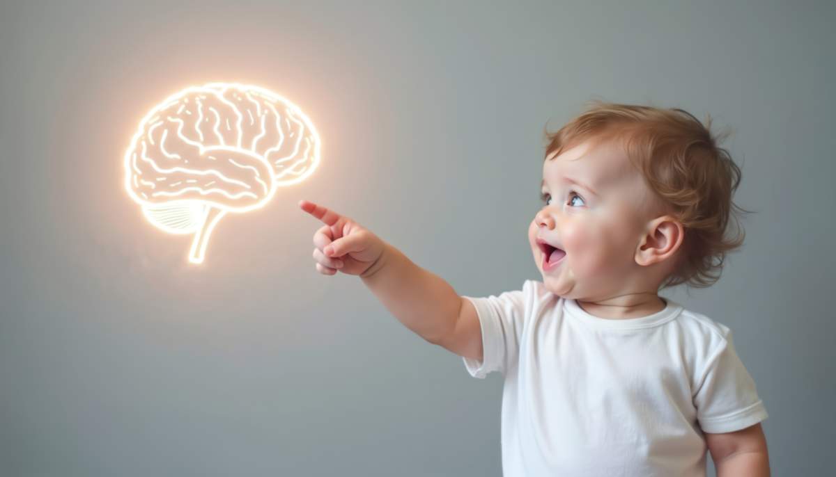 Happy Toddler Points Glowing Brain Graphic, Children Incredible Mind Potential, Learning, Growth. Education, Childhood Development, Curiosity, Smart Future. Healthcare Medicine, Psychology, Neural