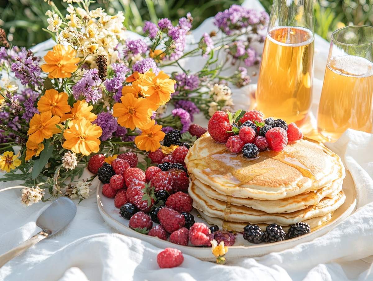 Summer Brunch Picnic Setup With Pancakes, Berries, Mimosas, And Fresh Flowers On White Cloth, Sunday Morning Luxury Ar 4:3 Stylize 250 V 6.1 Job Id: 1265f522 5401 4e48 834b 5afe6965a6a7