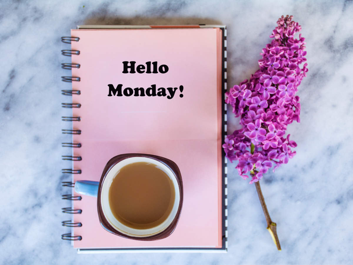 Notebook With Hello Monday Message , Lilac Flowers And Cup Of Coffee .spring Morning Concept