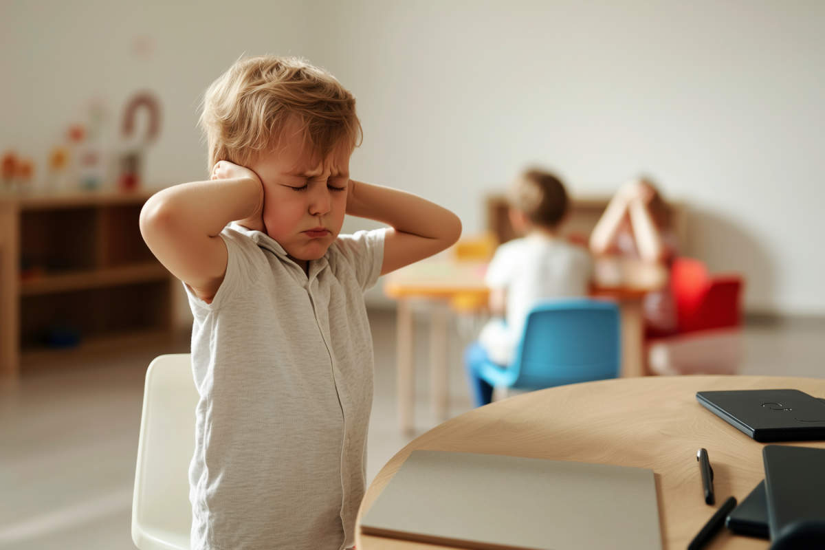 Upset Toddler Covering Ears In Noisy Classroom: Childhood Stress And Sensory Overload World Autism Awareness Day