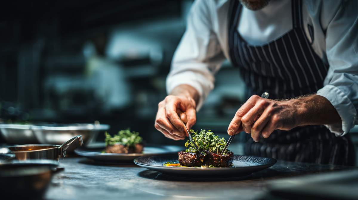 Professional Chef Preparing Gourmet Dish At Elegant Restaurant Kitchen Counter, Plating Food With Herbs And Sauce, Dark Moody Background, Empty Area
