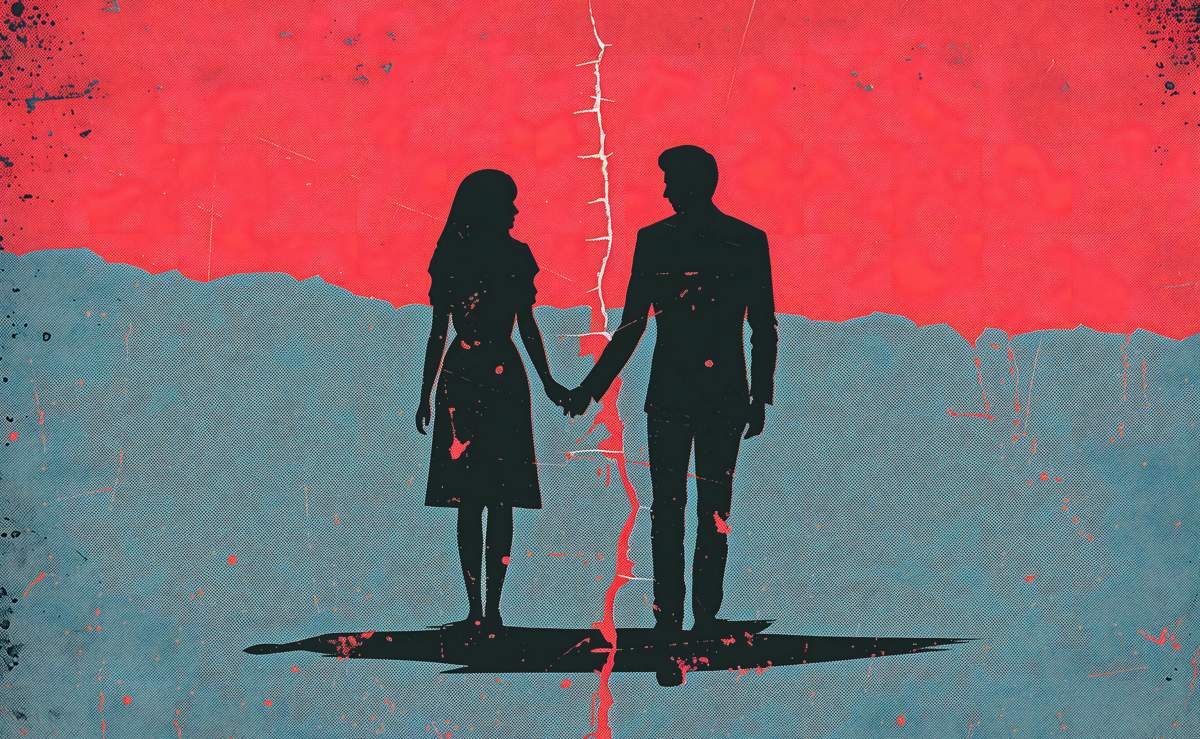 Couple Illustration On Torn Paper, Divorce Or Family Crisis Abstract Concept, Break Up