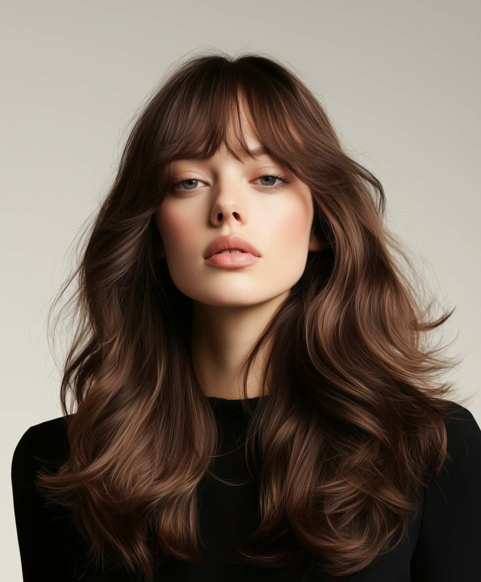 A Female Model Showcasing A Long Hair In Butterfly Haircut With Curtain Bangs