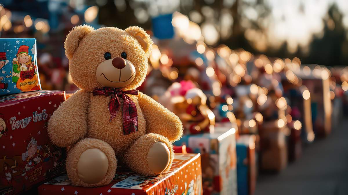Teddy Bear Sits On Pile Of Christmas Presents At Toy Drive, Ready To Bring Holiday Joy To Children. Symbol Of Giving And Kindness During The Festive Season.