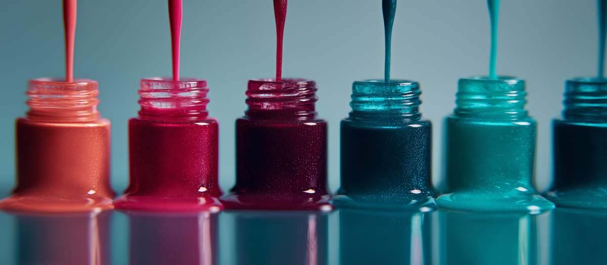 Colorful Nail Polish Bottles With Dripping Paint – Perfect For Beauty Blogs, Cosmetic Advertisements, Product Packaging, And Vibrant Editorial Layouts