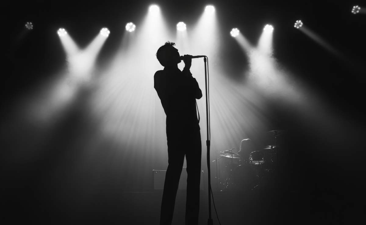 Silhouette Of Singer On Stage In Spotlights. Banner Design