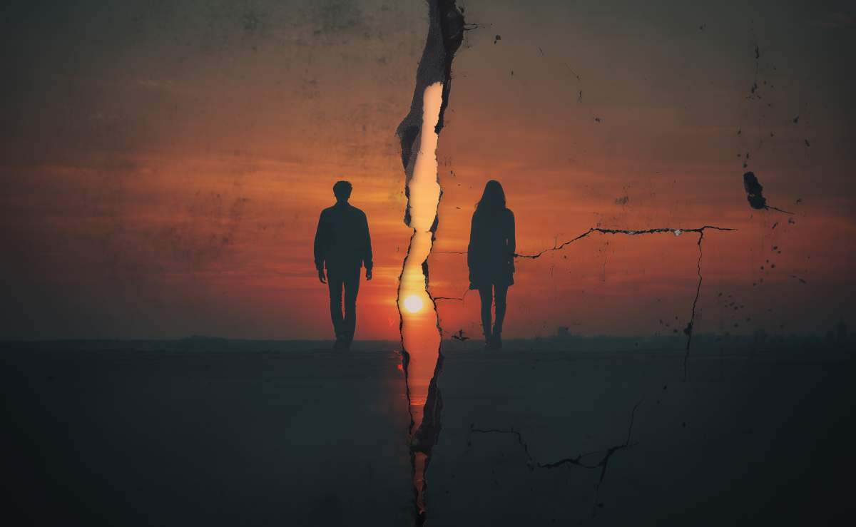 The Silhouette Of A Man And A Woman Each Walking Away From Their Partner, Implying The Meaning Of Separation.
