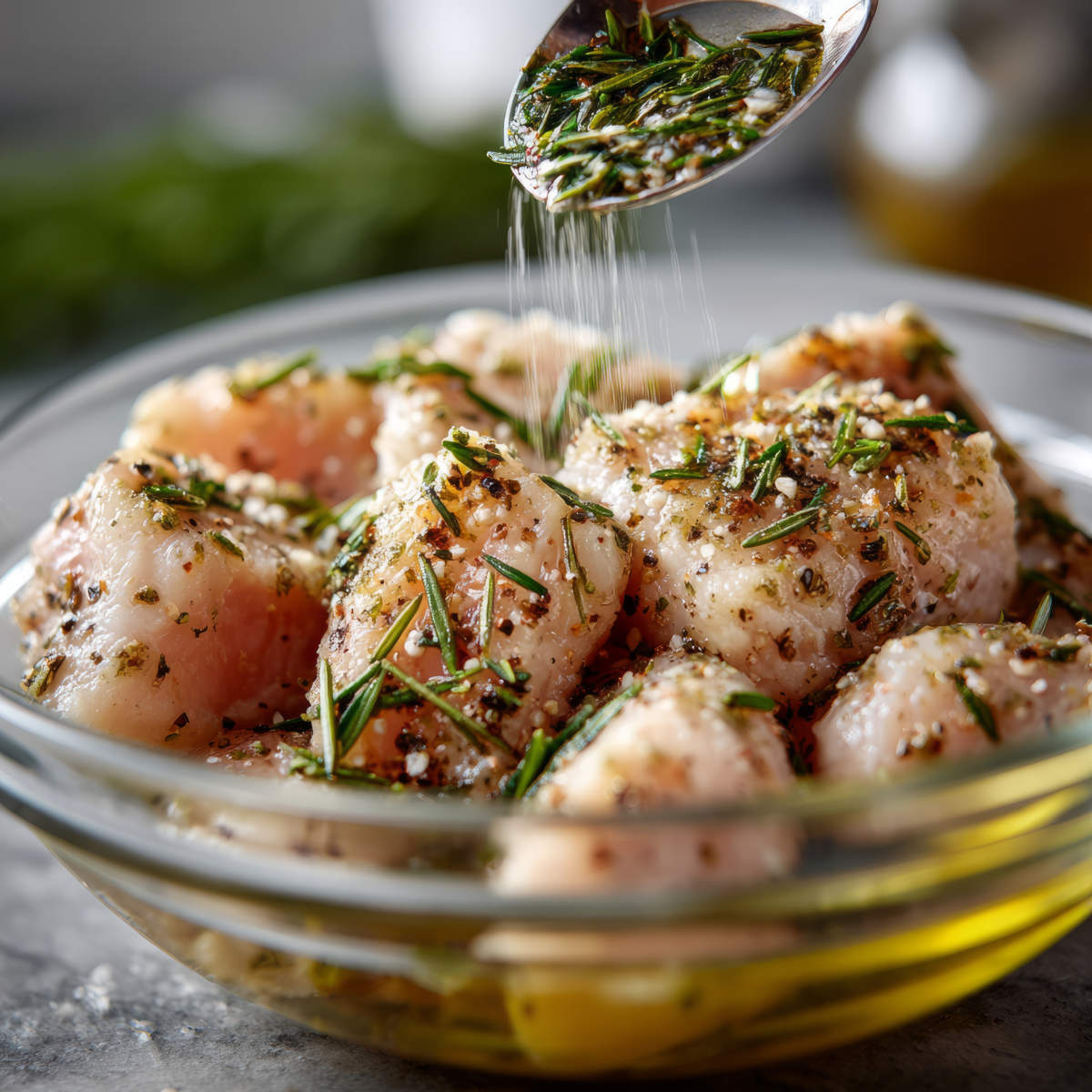Raw Chicken Marinated With Herbs And Spices In A Glass Bowl.