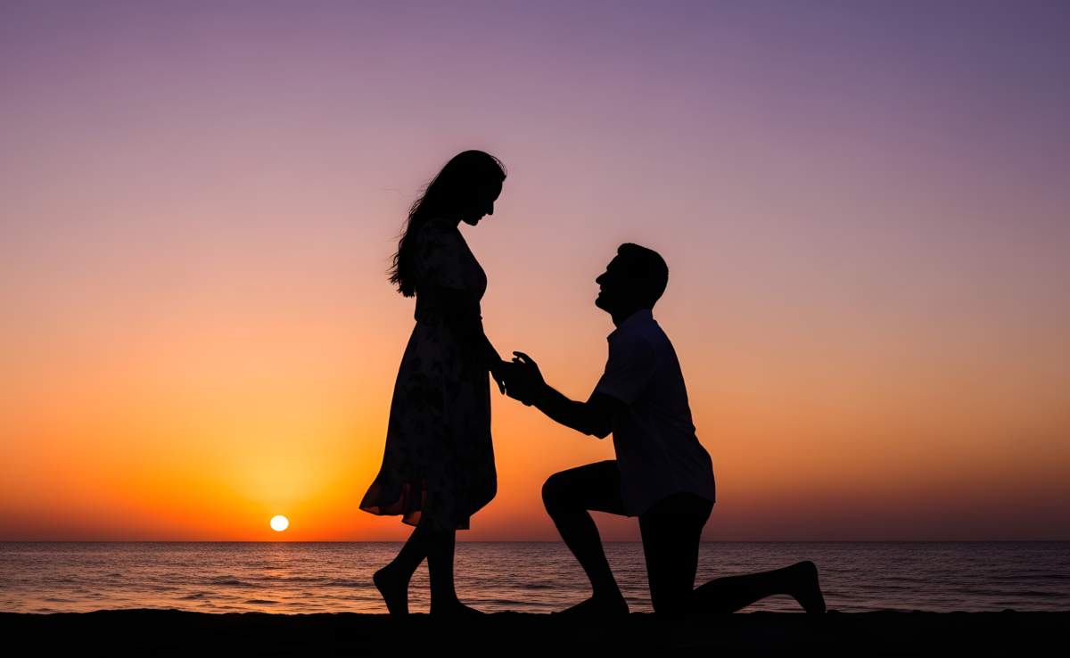 Romantic Marriage Proposal On Beach At Beautiful Sunset Silhouette.