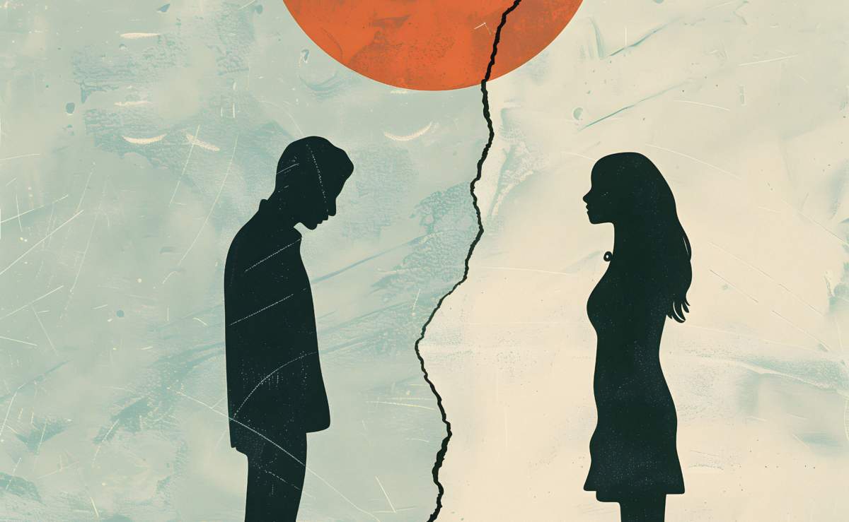 Family Crisis Abstract Concept On Torn Paper Postcard, Love Couple Break Up, Man And Woman Silhouette Look At Each Other, Divorce And Broken Heart Concept