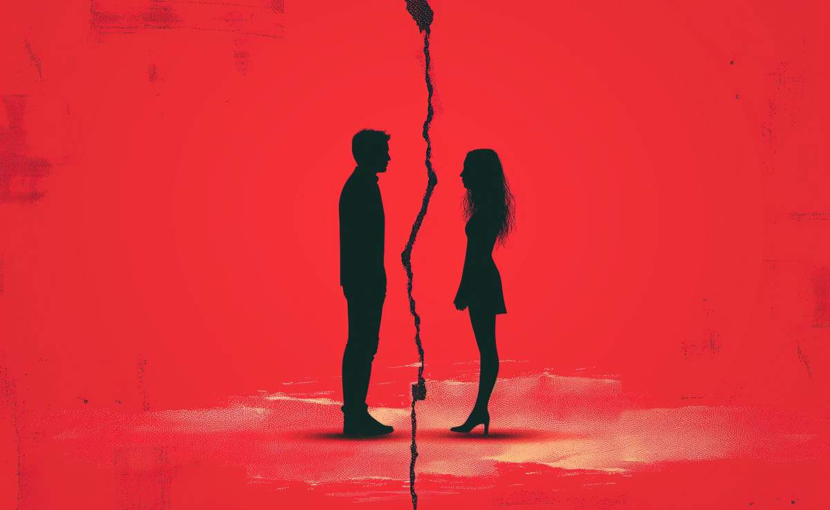 Silhouette Of A Couple Painted On Red Background, Graffiti, A Crack Between Them, Break Up
