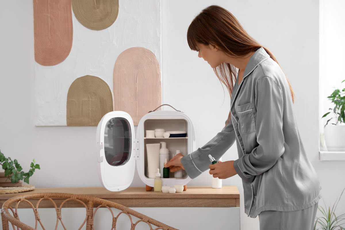 Beautiful Young Woman Taking Cosmetics From Refrigerator At Home