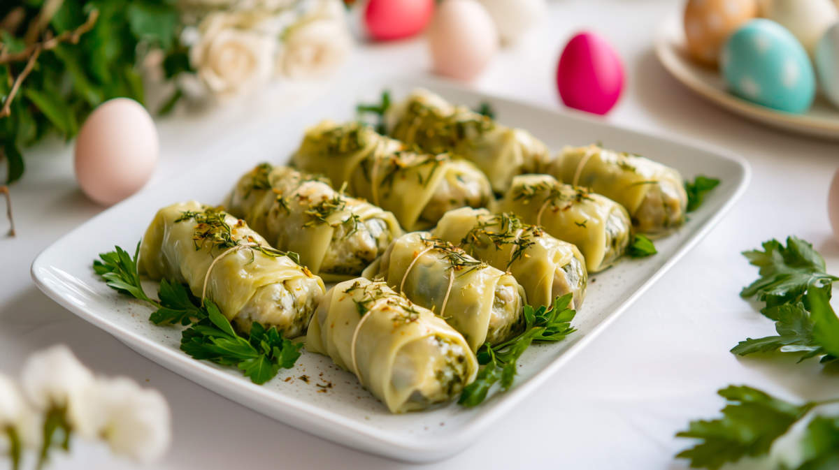 Traditional Greek Dolmades With Parsley On Festive Easter Table With Colored Eggs