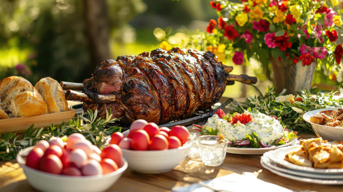 Vibrant Greek Easter Feast With Roasted Meat And Colorful Side Dishes