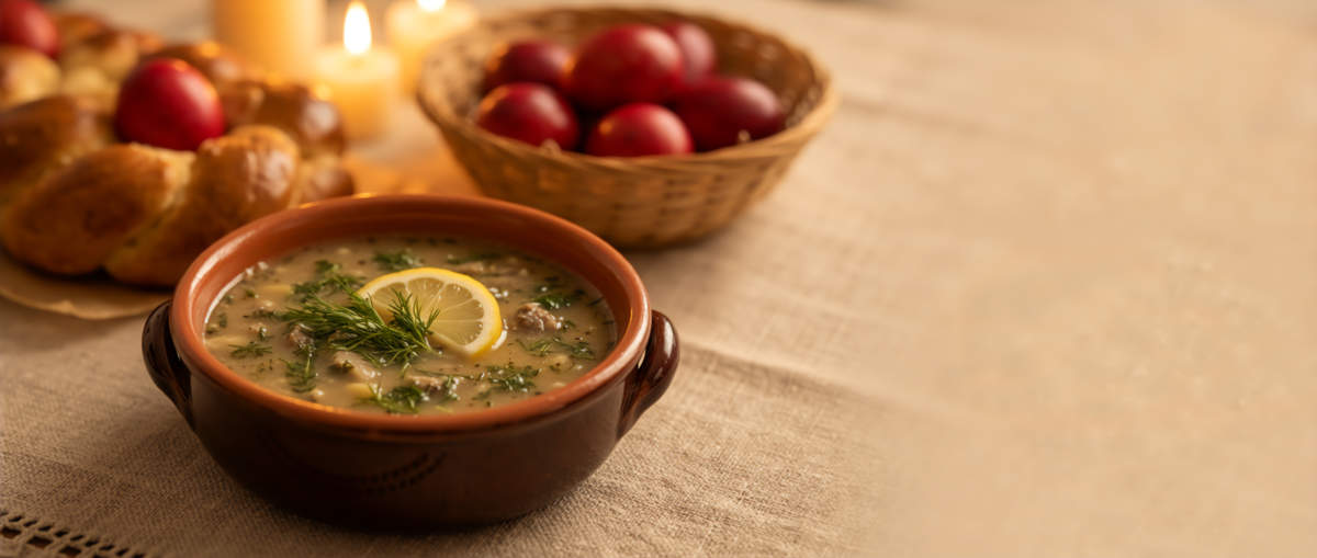 Traditional Greek Easter Soup Magiritsa With Lemon And Dill. Festive Table With Red Eggs, Tsoureki Bread And Candles. Greek Orthodox Holiday Meal
