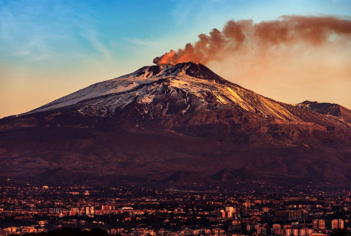 Catania Cityscape And Mount Etna Volcano Sicily Italy Europe