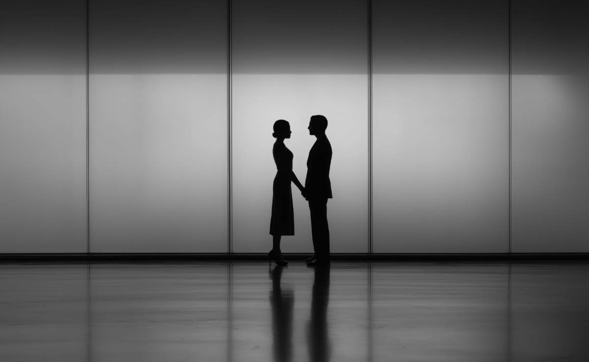 Silhouette Couple Holding Hands In Minimalist Interior With Soft Light And Shadows, Ai Generated