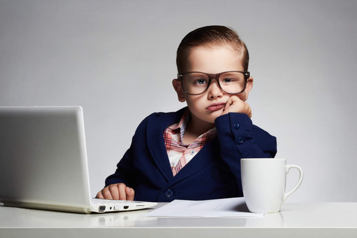 Boring Job.young Business Boy.funny Child In Glasses In Office