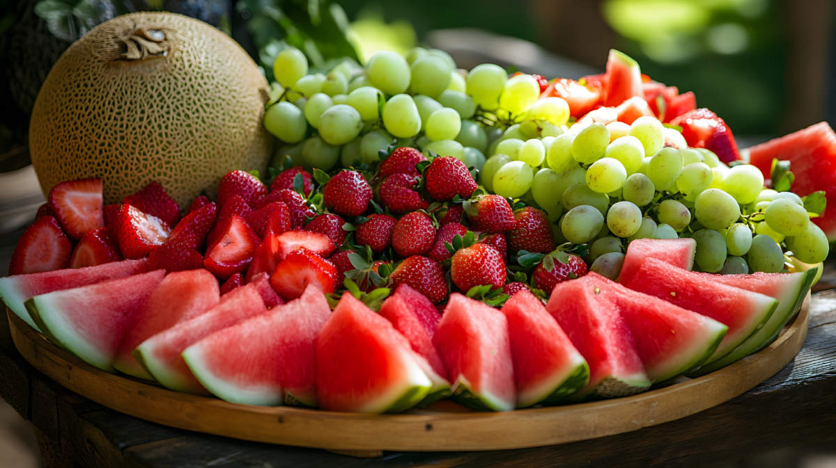 A Refreshing Fruit Platter With Red And Green Fruits Such As Green Melon, Red Watermelon, Strawberries, And Grapes, Designed For A Summer Party Or Outdoor Event.