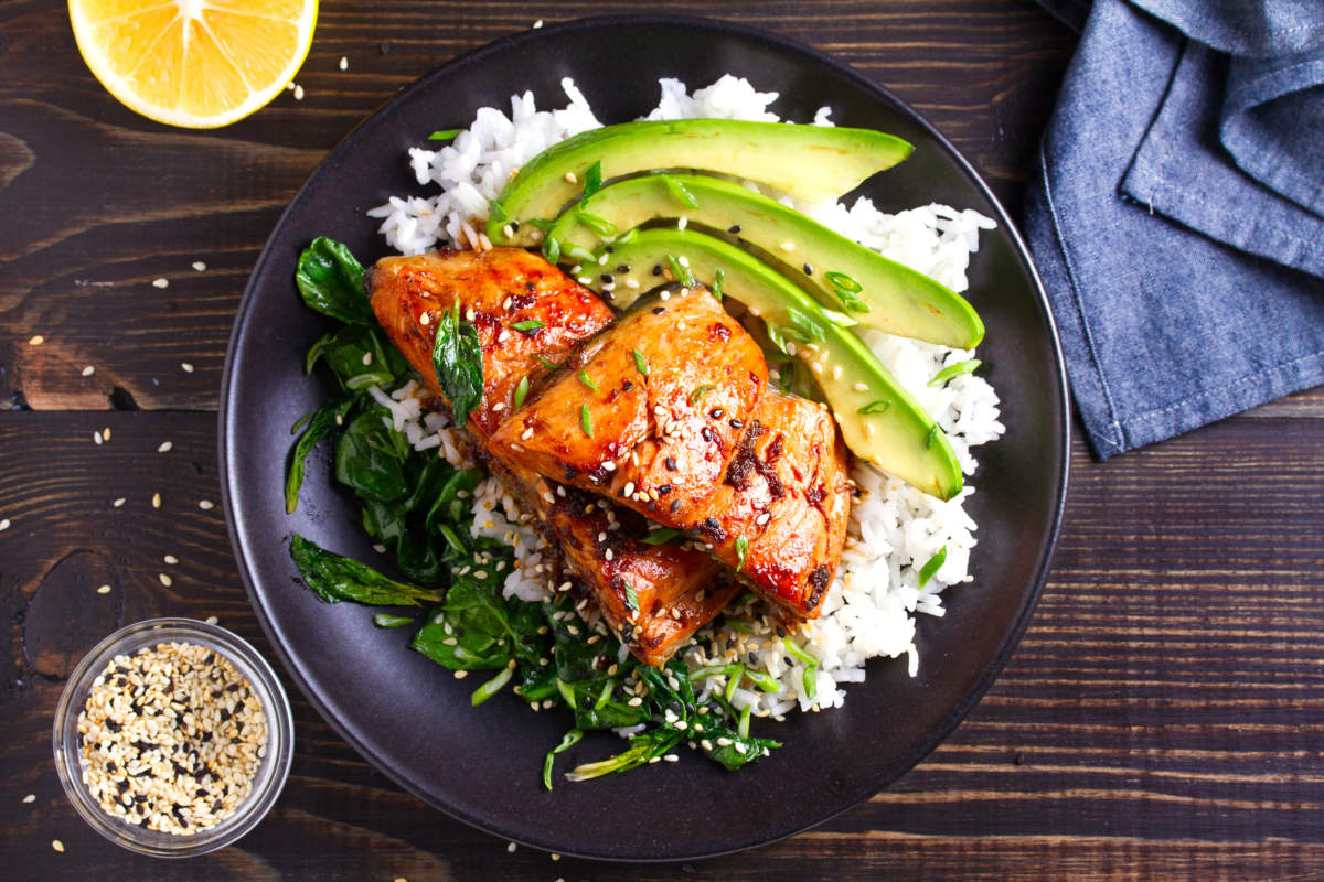 Salmon Teriyaki Rice Bowl With Spinach And Avocado
