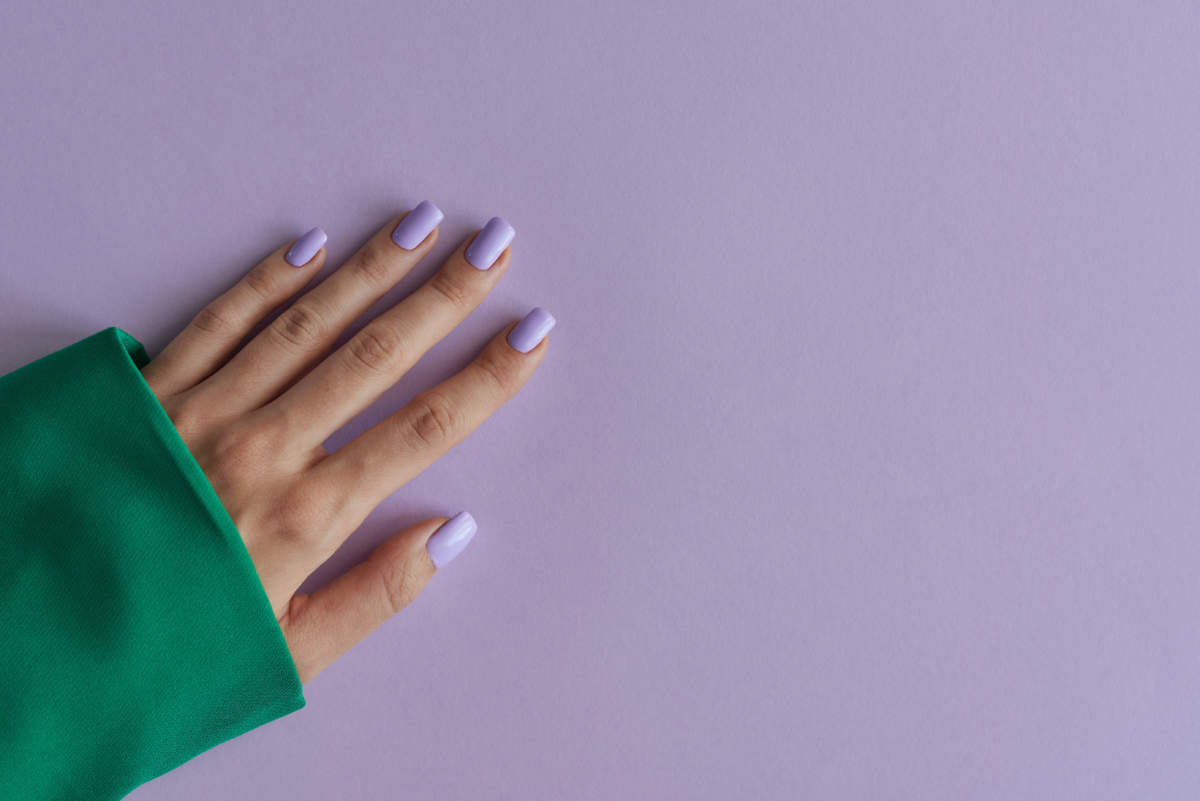 Gelish Manicure With Purple Nails On Background Of Lavender Color. Purple Fingernails And Green Clothing